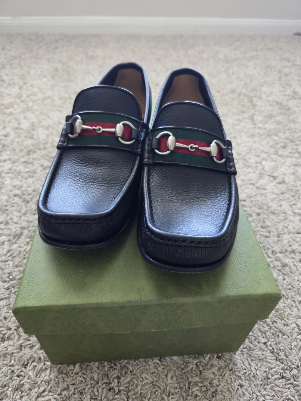 Gucci Black Leather Horsebit Loafers with Green-Red Web